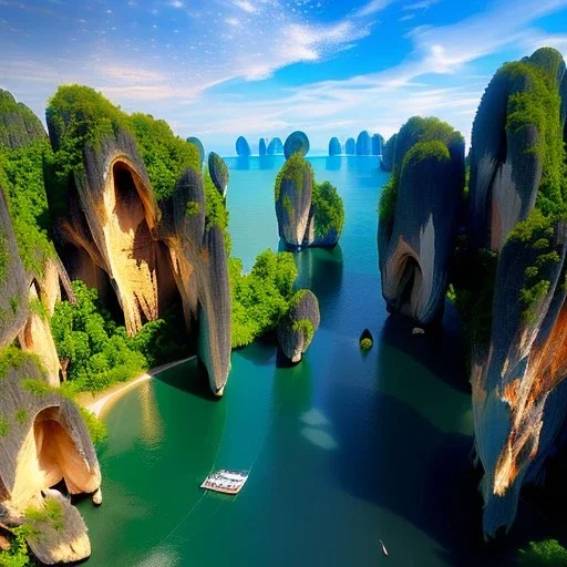 Railay West, Thailand,aerial view,cloudy,extremely detailed digital painting, high resolution,8k, realistic, beautiful, volumetric lighting, mystical colors ,perfectly centered image, perfect composition, rim light, beautiful lighting,masterpiece, stunning scene, raytracing, anatomically correct, in the style Van Gogh and robert e howard and Ken Kelley and Ohrai Noriyoshi and Simon Bisley and tomzj1.