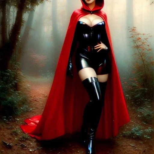 fullbody portrait 'beautiful sexy busty mature Red Riding Hood',wearing black skintight latex suit,hyperrealistic skin,Hyperrealistic Big eyes,painting by gaston bussiere, greg rutkowski, yoji shinkawa, yoshitaka amano, tsutomu nihei, donato giancola, tim hildebrandt, oil on canvas, cinematic composition,sharp image, extreme detail,((fit full head inside picture)),32k