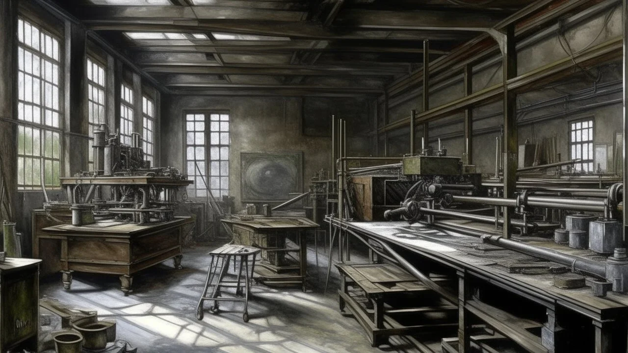 A gray factory with a printing press painted by Claude Monet