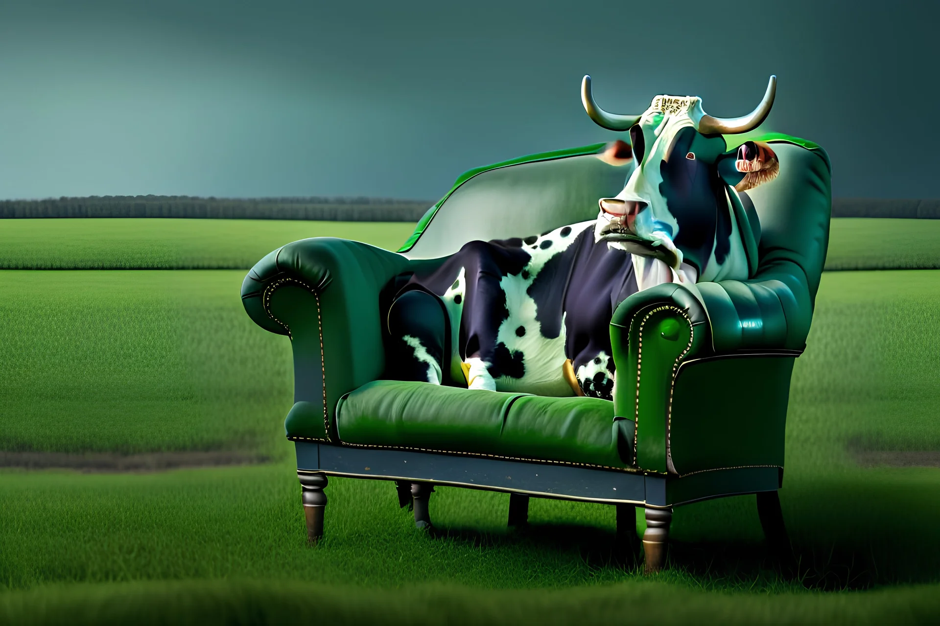 A cow sitting on an armchair in large dark green field , soft colors. Photorealistic