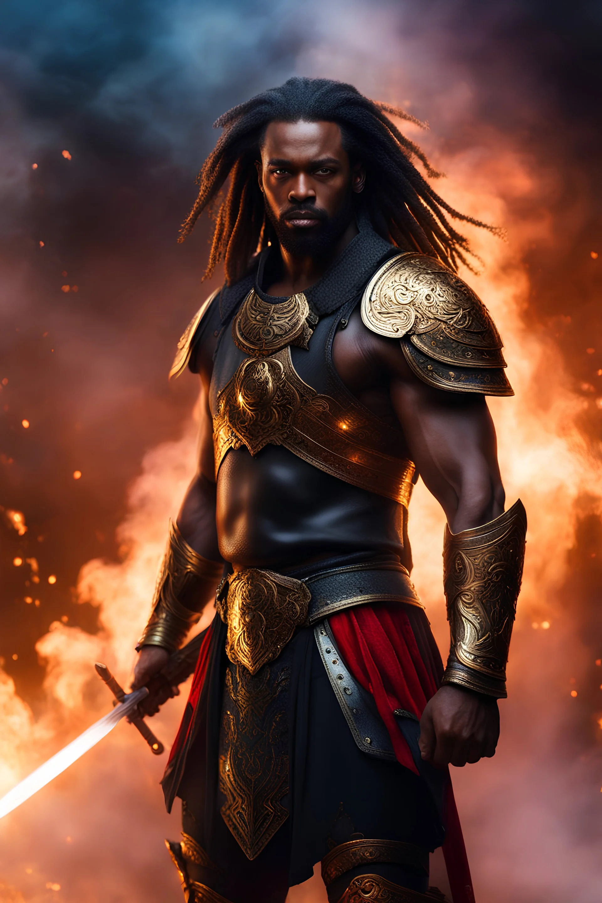 wabstyle, Ultra-High-Definition, 8k, UHD, HDR, glowing, ultra fine and beautiful black man warrior, long glowing hair, smoke, blur, (full body photo of a cosmic warrior), (with burning red eyes: 0.9), (golden metal armor), (fog,:1.2), (mist:1.3), ((cosmic background)), ((big golden wings))
