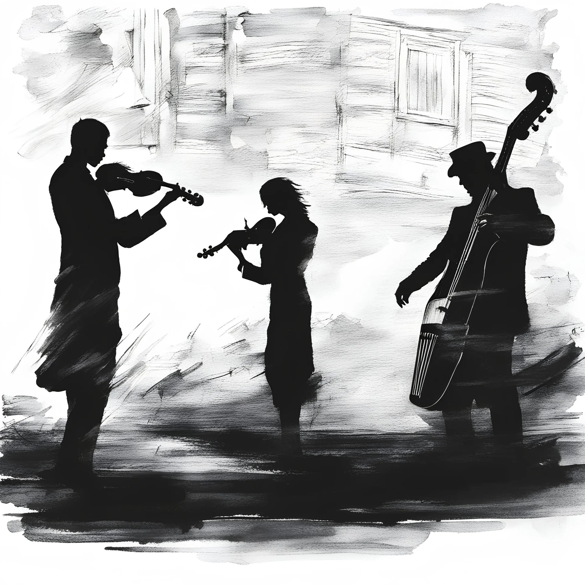 jazz, realistic, academy, people, three playing accordion, three playing mandolin, two playing balalaika. Graphics in the paint style of Pushkin. youth, love of music. Expressive line, sketch, black and white, graphics, watercolor, blur, without hat, ink painting, blur, feathering, etching, black white image