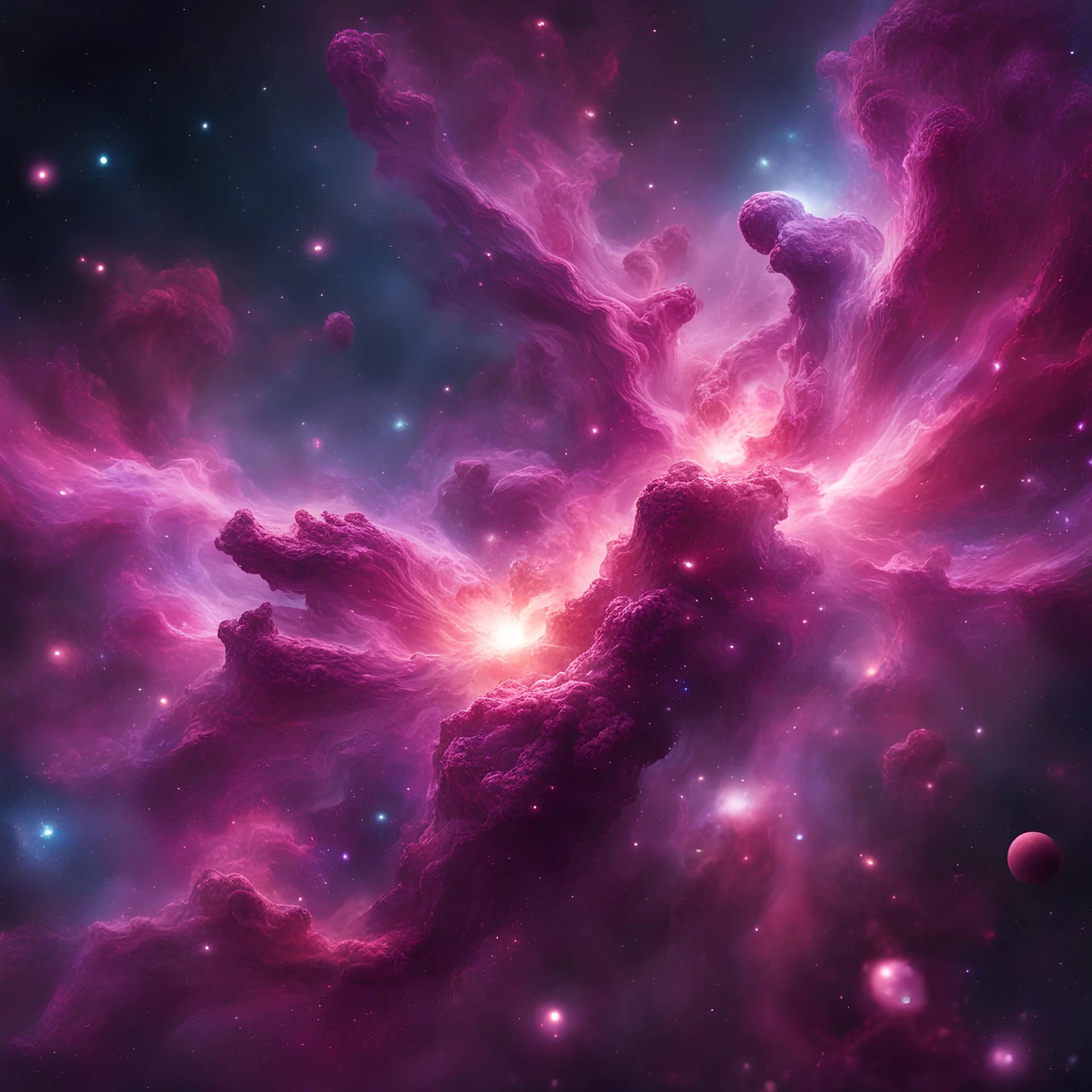 a colossal godlike entity composed of swirling galaxies and nebulae, emanating power and majesty as it shapes the cosmos with its divine presence, glowing bright magenta crack on body, sharp focus, high contrast, dark tone, bright vibrant colors, cinematic masterpiece, shallow depth of field, bokeh, sparks, glitter, 16k resolution, photorealistic, intricate details, dramatic natural lighting