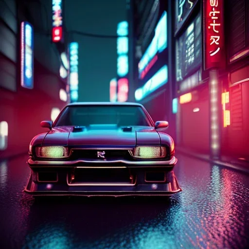 nissan skyline r34; tokyo; cyberpunk; realistic; rain; neon signs