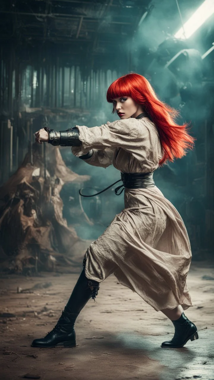 Full-body retro photo of a woman with straight red hair and a Fringe, in a fight with a monster, wrapped in tenacles, in an action pose, sci-fi Background