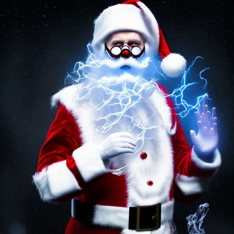 All Black Santa, ghost, wearing high tech mask, white smoke, dark, rage, high definition, ultra 8 k, volumetric lighting, blue fire, fog red rain