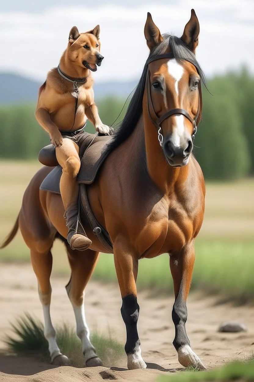 A dog riding a horse