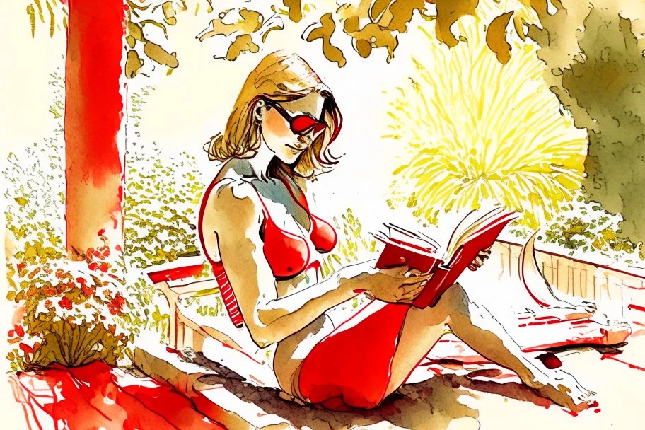 woman in red swimsuit reading a book in a beautiful garden in sunshine style Vittorio Giardino, stylized pen drawing and watercolor