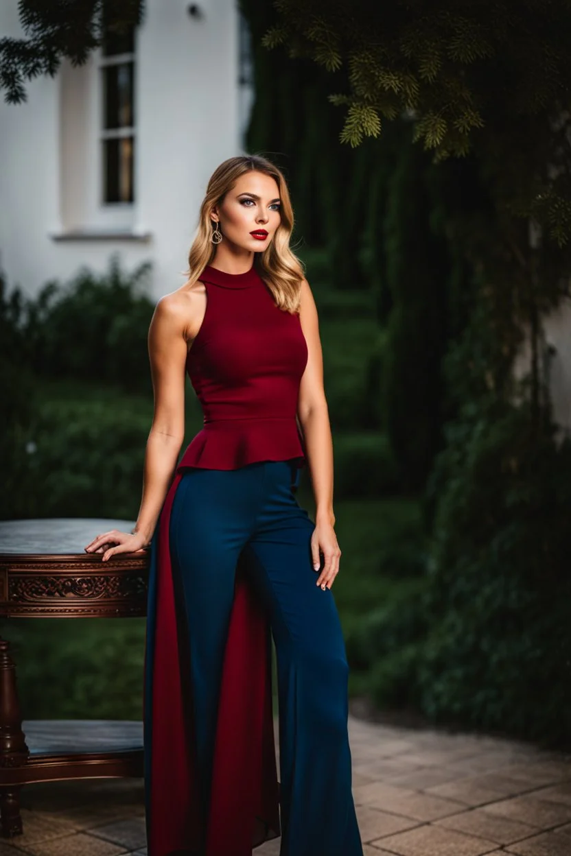 fullbody shot of young-beautiful-german girl-with-a-perfect-face-with-make-up-wearing- blue top and dark red pants standing , prophesional photography studio