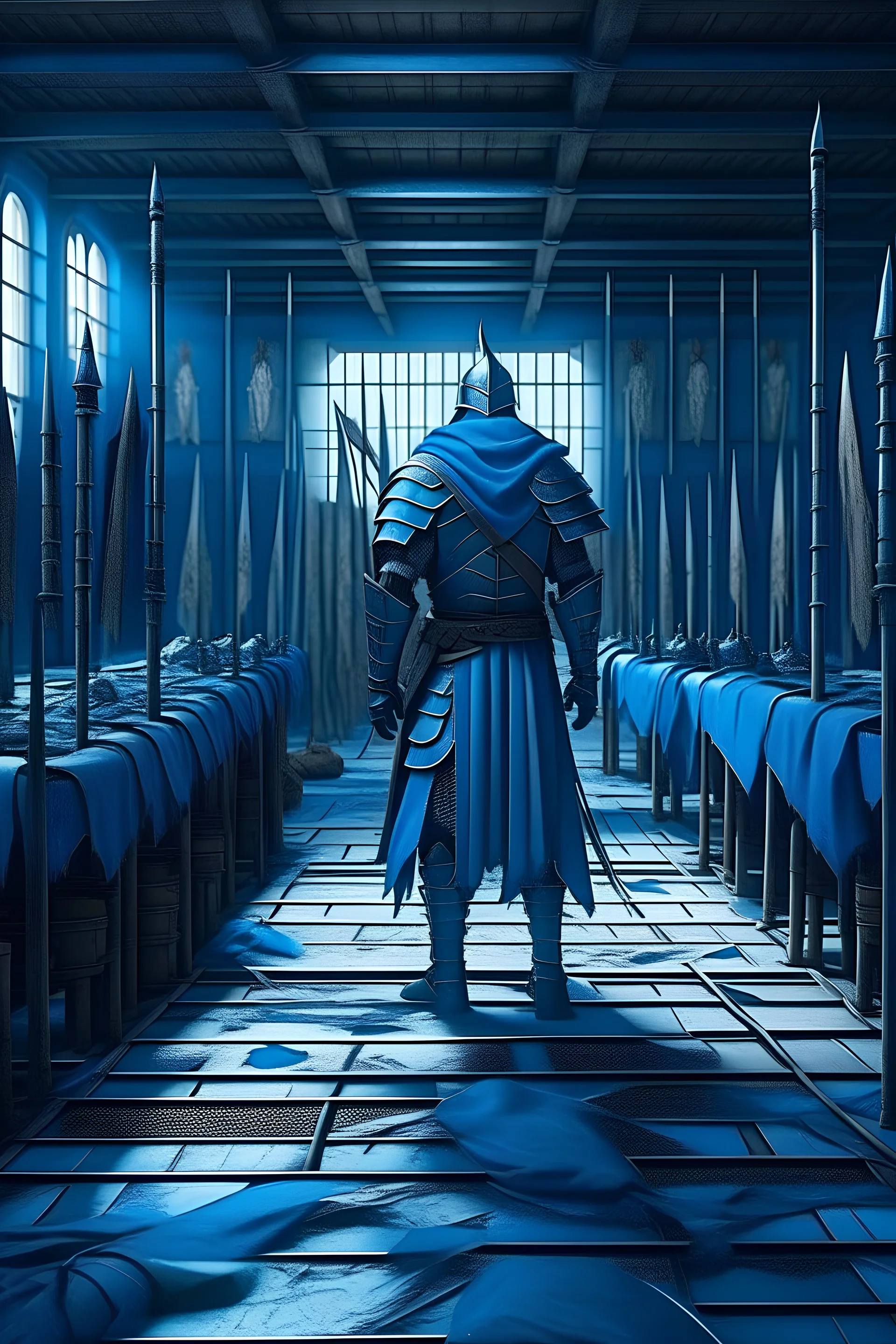 Fantasy knight with a blue tabard standing in a barracks with rows of weapons