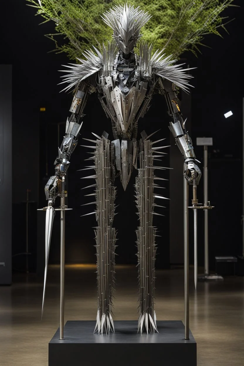 A humanoid being made entirely of sharpened metal blades and spikes stands before a mechanical tree. Photograph.