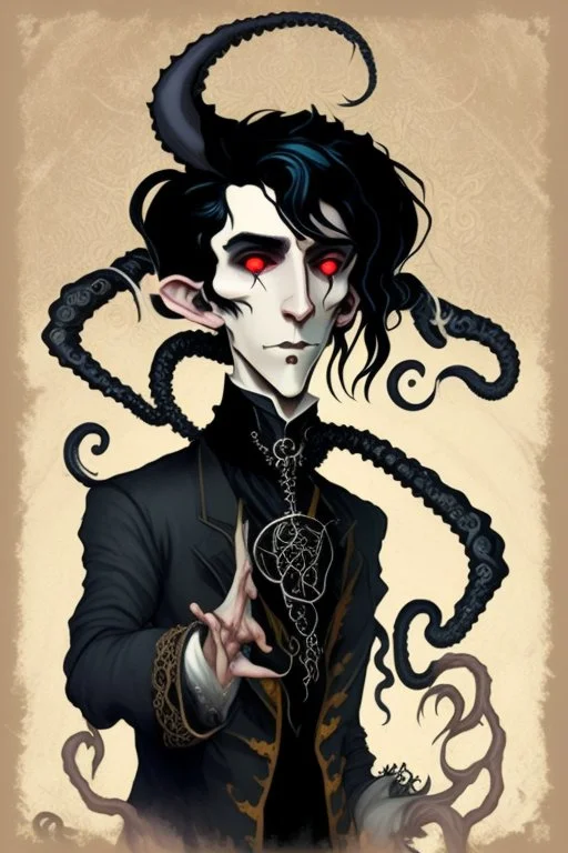 black haired young man necromancer wizard with gothic jewelry and tentacle fingers in the style of Fyodor Pavlov