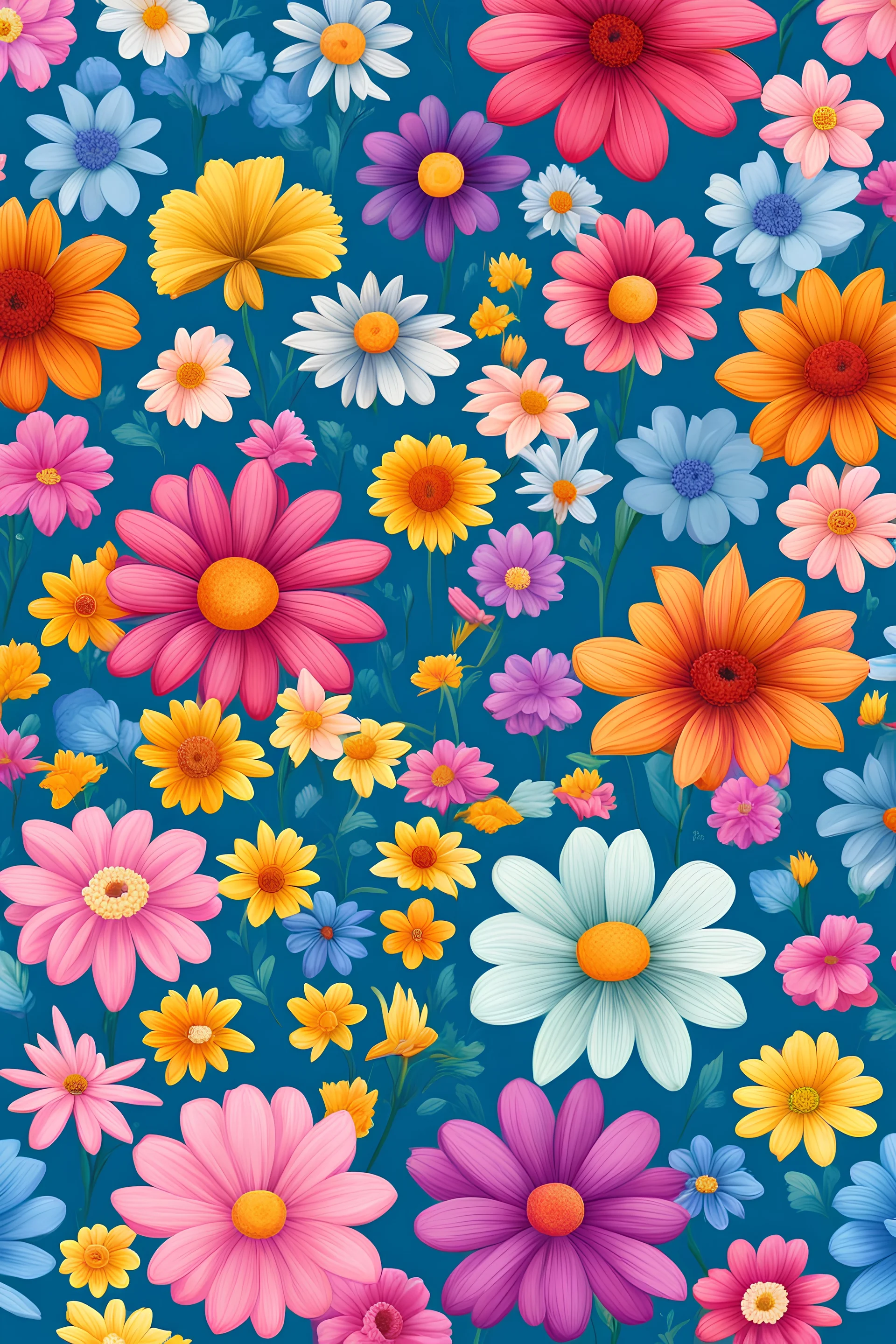 colorful 20 different flowers , clip art, pattern, blue background,