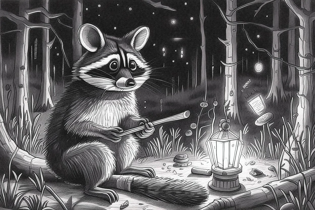 At dusk a curious raccoon explores the forest. Tiptoeing into human campsites, intrigued by artifacts they found.- Pencil drawing, realistic, graphite