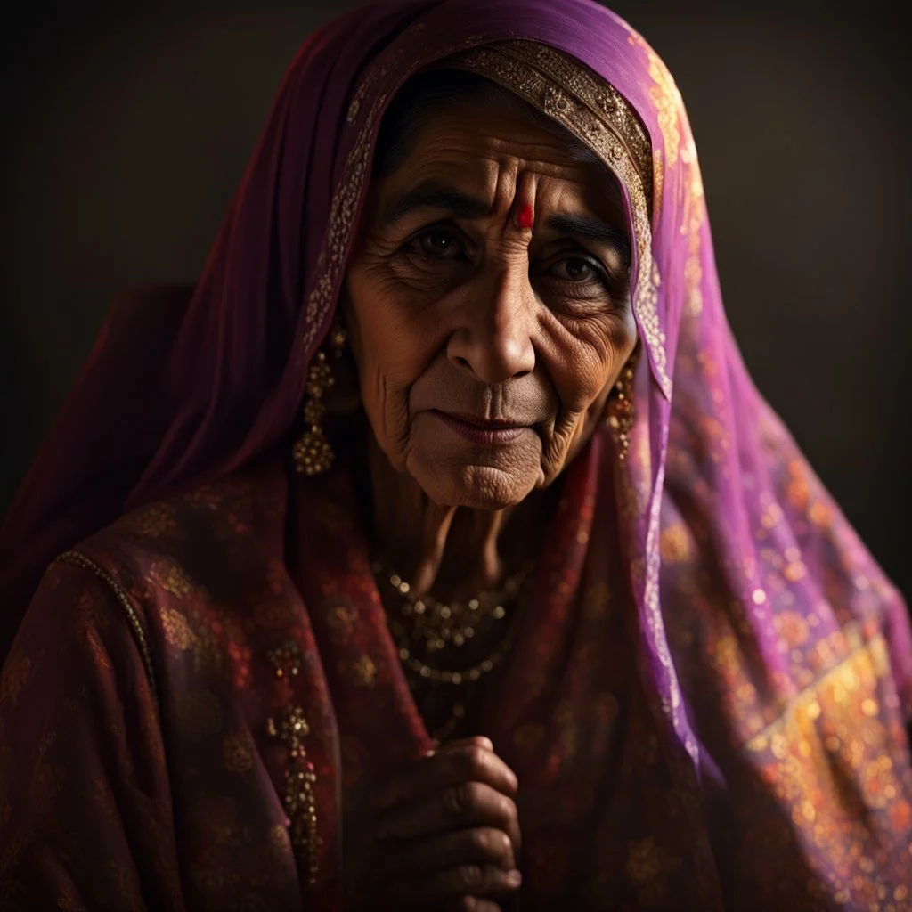 Hyper Realistic Old Pakistani Female Folk Singer With Dark Studio Background & Dark Lighting