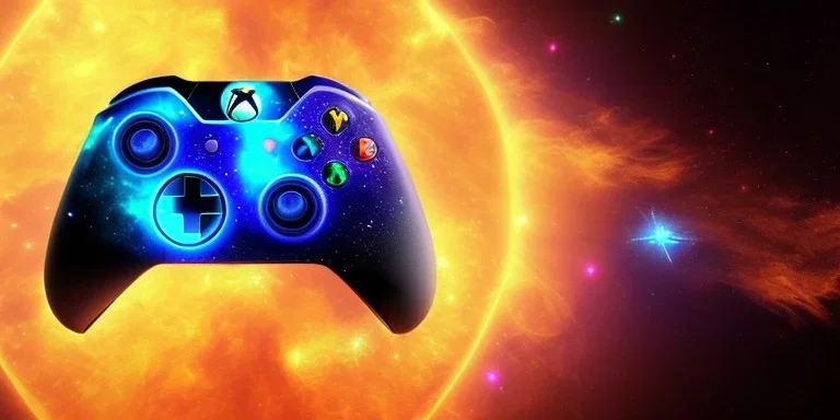 shiney xbox elite controller vented design. nebula backround . sunflare . centered