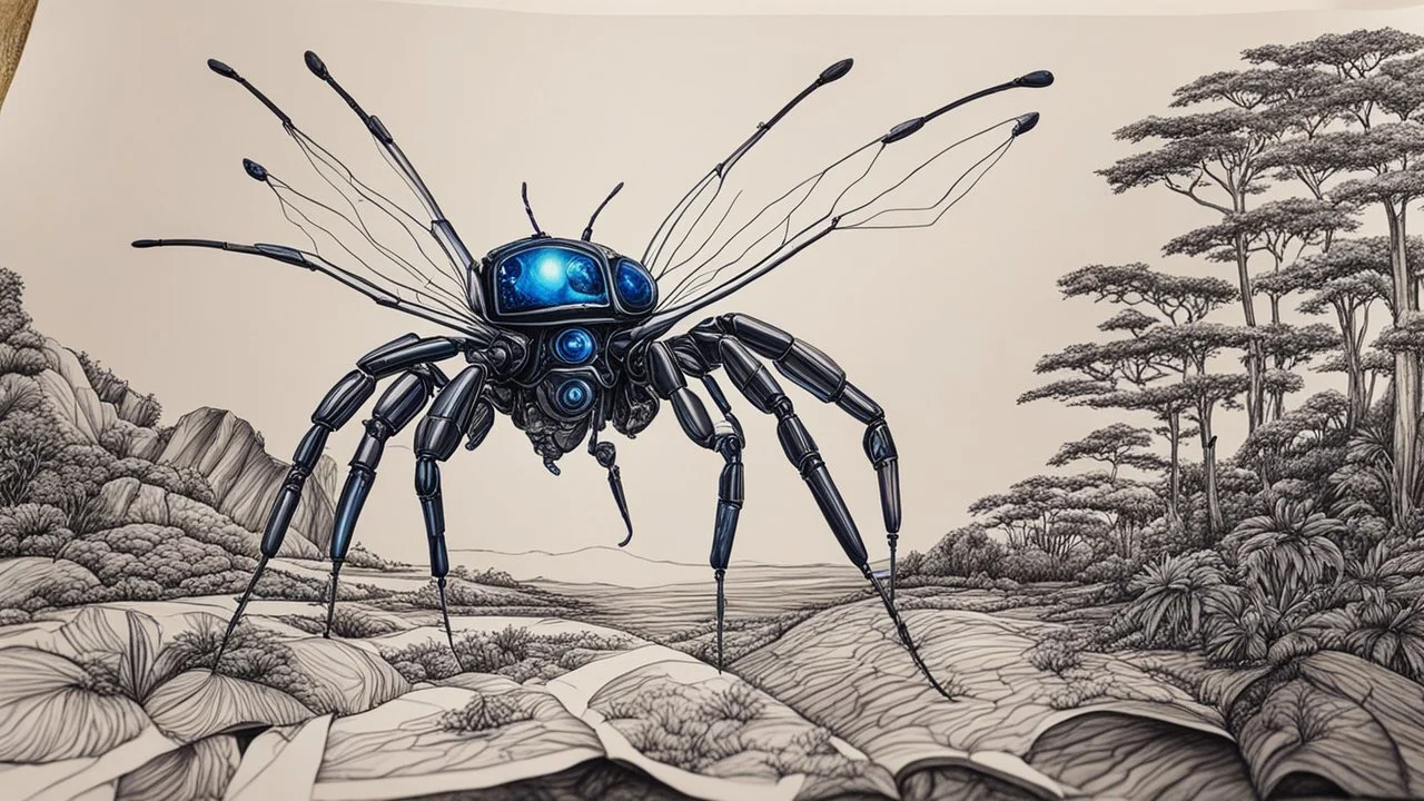 2190. Robot insect drawing a picture, each leg holding a gel pen, drawing a beautiful landscape using six pens, one pen held by each leg. The picture is almost finished. Artistic, beautiful lighting, attractive composition, photorealistic, extremely detailed, chiaroscuro, rule of thirds