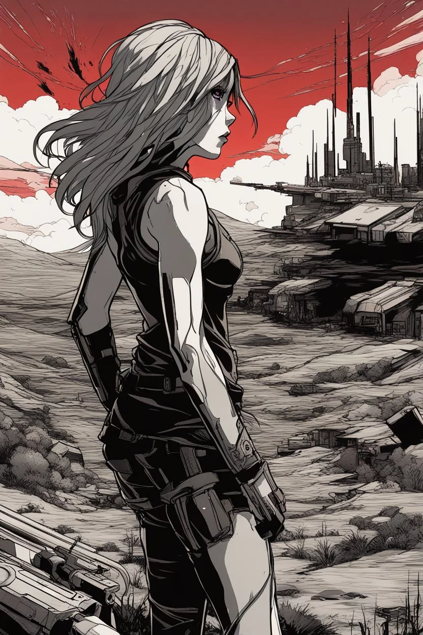 Dark outline line art anime style of a silhouette of a cyberpunk-inspired woman standing in front of a landscape shot of an active war zone with distant explosions, light black and red long hair, light blue eyes, short red and white tank top, (looking intently at viewer), (viewer from low ground level view with focus on eyes), (inspired by Cyberpunk mixed with Fate: Grand Order), (vibrant colors with dark outlines and shadows), (explosions and smoke in synthwave background), (giant planet in far