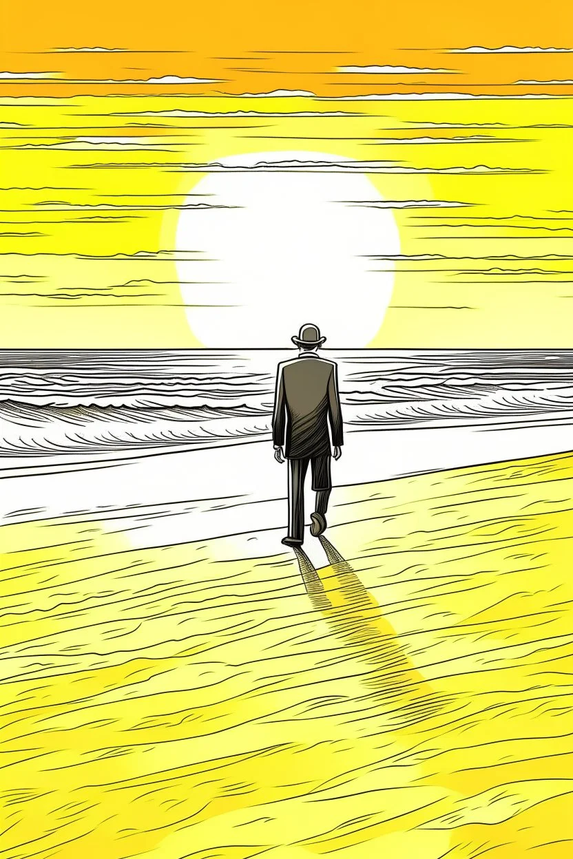 A solitary figure stands on an untouched, sandy beach, gazing at the setting sun painting the sky with warm hues. Footprints in the sand lead towards the horizon, symbolizing the freedom to explore and reflect in peaceful solitude..coloring book page, simple and clean line art, adult drawing book, black and white, crisp black lines, no shades, sharp lines, coloring book for adults, cartoon style, landscape