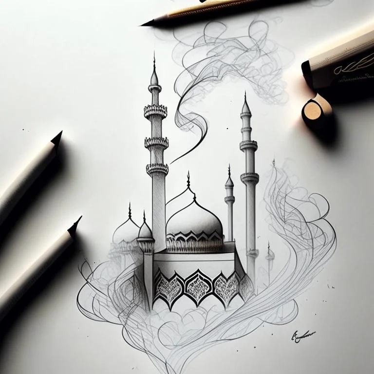 Create a detailed pencil sketch featuring smoke tendrils intertwining with abstract shapes inspired by Islamic architecture, forming an asymmetrical mosque-like structure that harmoniously fills the entire canvas.