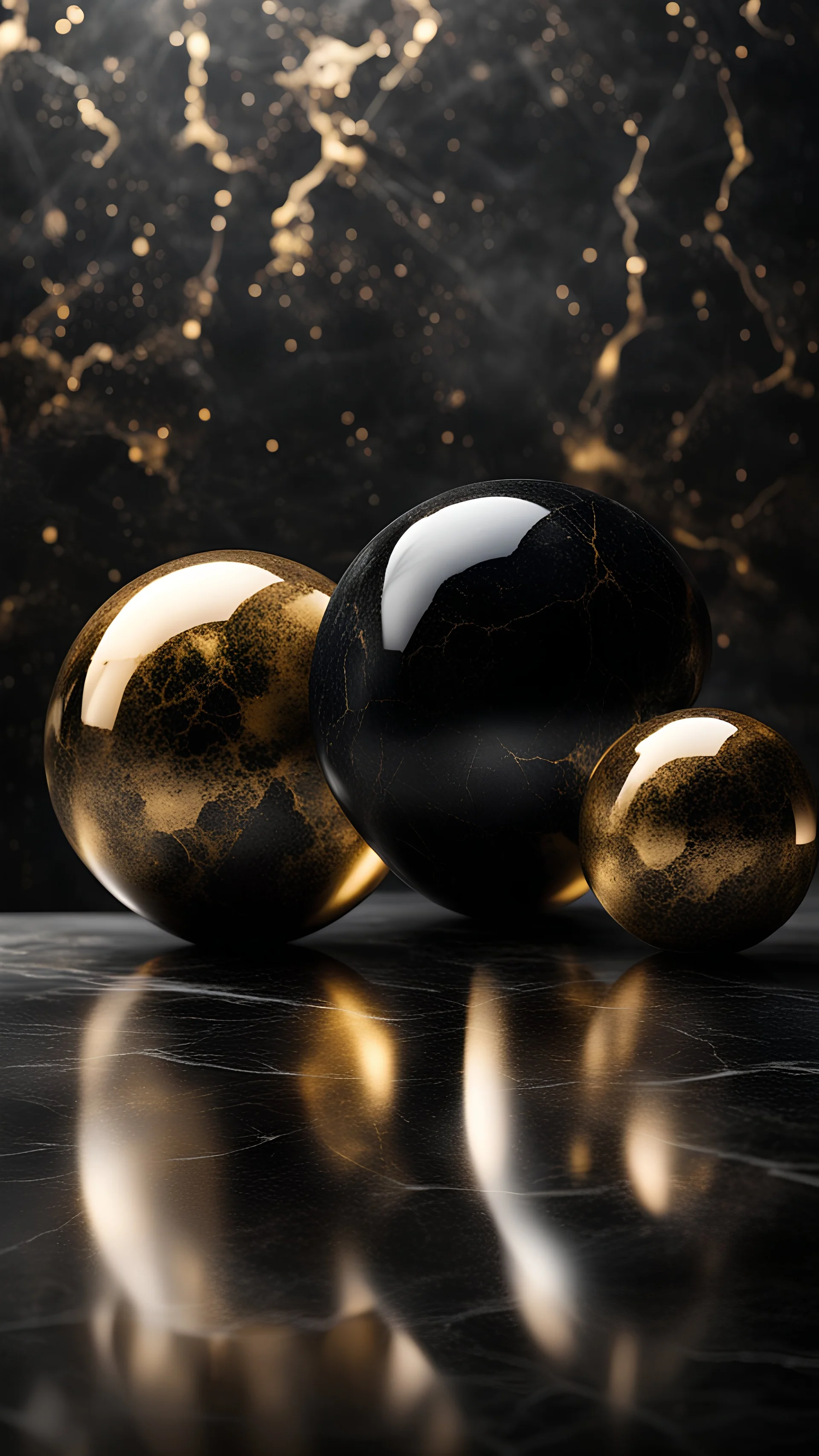 Hyper Realistic Black & Golden textured marble balls on a glass surface with dark rustic background