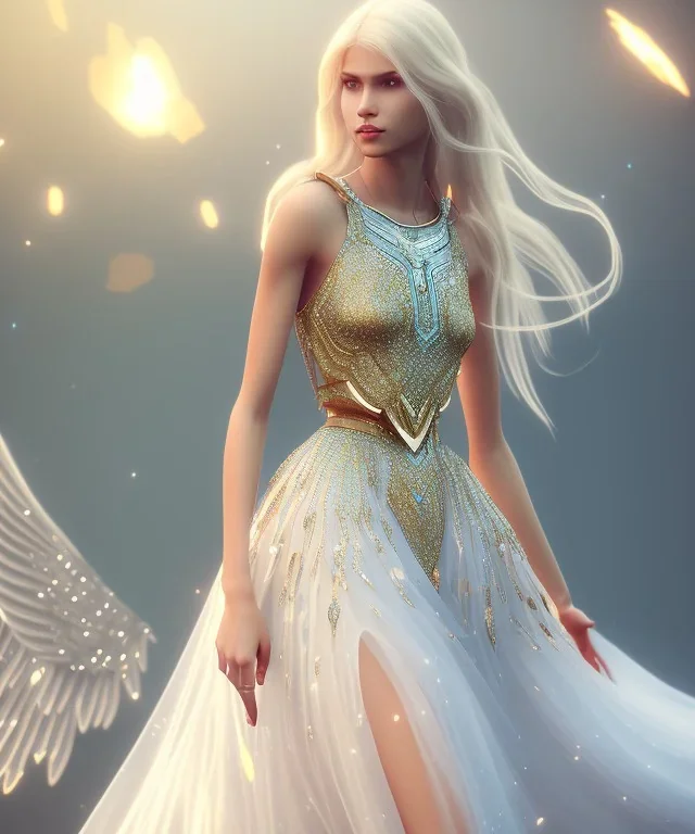 A crystalised queen, atmospheric, realistic, unreal engine, cinematic lighting, octane render, transparent long dress, blonde, full body, wings, smile, long hair