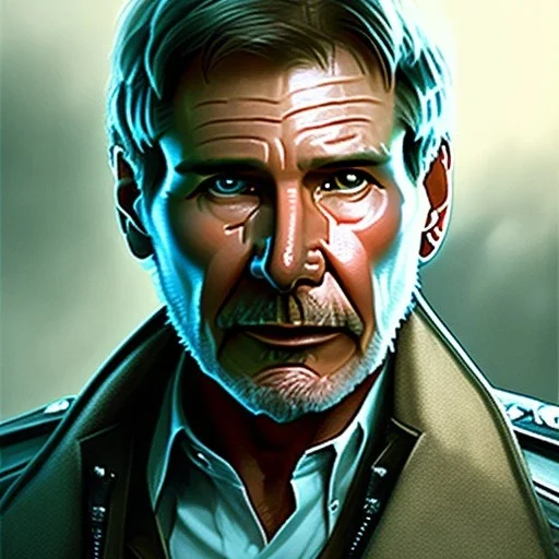 actor harrison ford, waist up portrait, intricate, oil on canvas, masterpiece, expert, insanely detailed, 4k resolution, retroanime style, circular reflective eyes, cinematic smooth, intricate detail , soft smooth lighting, soft pastel colors, painted Renaissance style