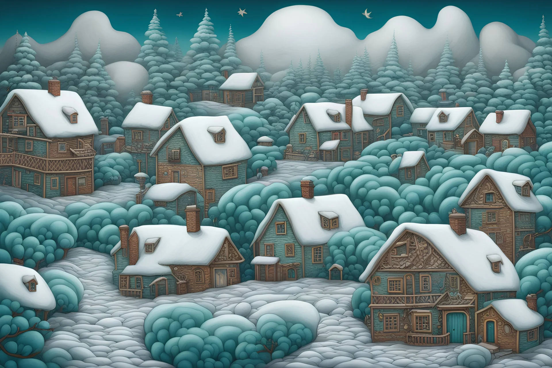 White and teal landscape. Dark teal houses, teal sky, white clouds, white snow. Art by Jacek Yerka. Modifiers: sharp focus elegant intricate 8k masterpiece beautiful high definition crisp quality Jacek Yerka acrylic art quilling surreal line art Alexander Jansson elaborate rich colours Enoch Bolles spectacular Zentangle Style © Crystaldelic