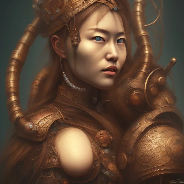 an abstract painting of rusted wood, woman japanese with big breast Viking style, 8K, a Highly detailed stunning full frame portrait, wide-angle view, a realistic face, volumetric lighting, volumetric clouds