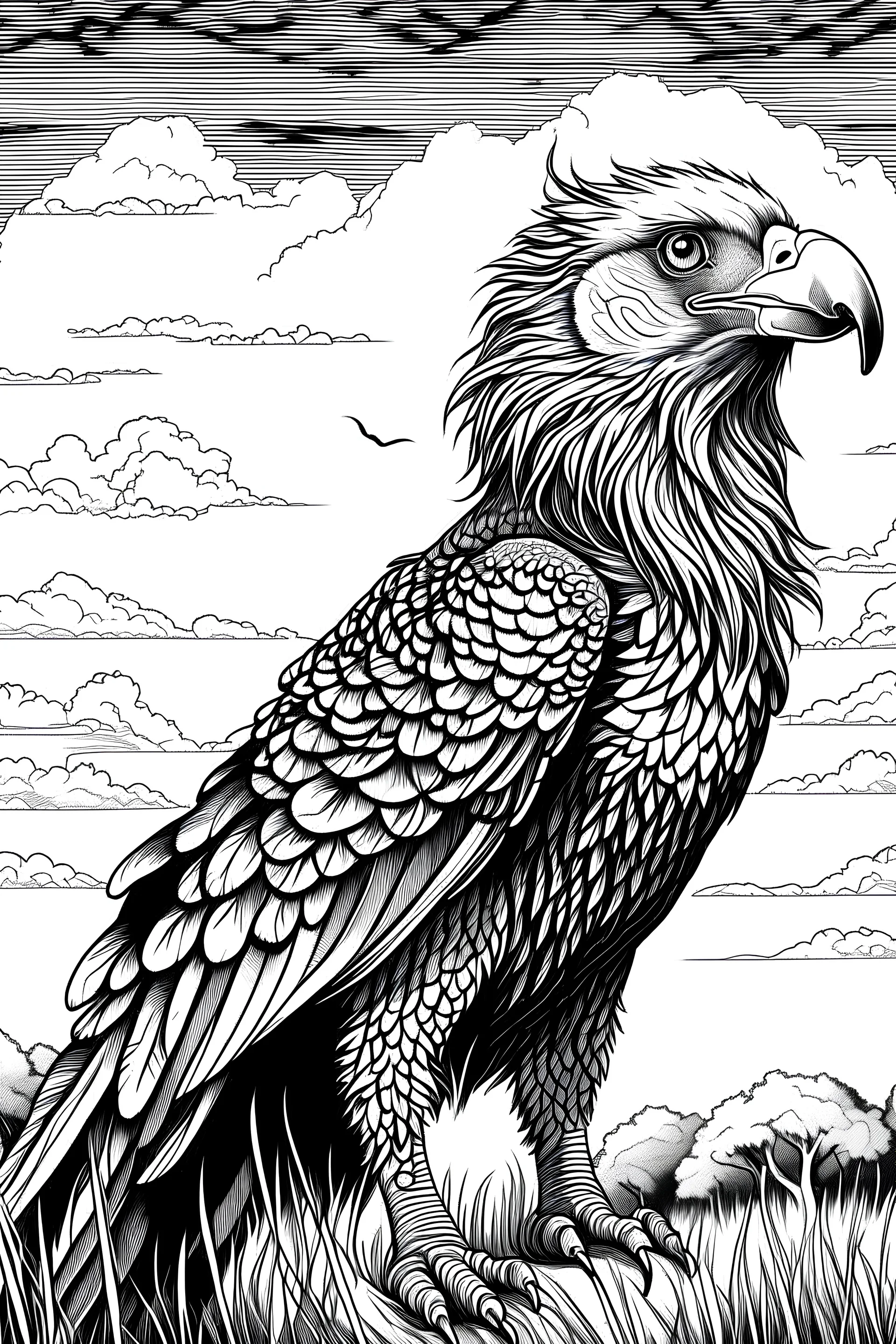 "aquila maestosa nella savana al tramonto, corpo intero, splendida illuminazione naturale, dettaglio della criniera, capolavoro, cartoon in bianco e nero"
