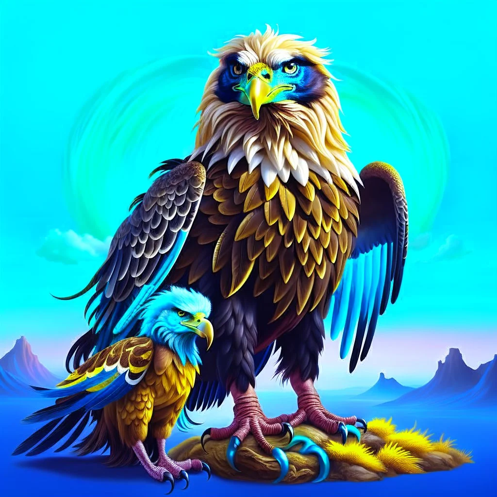 A full body of an eagle with the head of a lion, anthropomorphic,Animal Hybrid, Surreal landscape