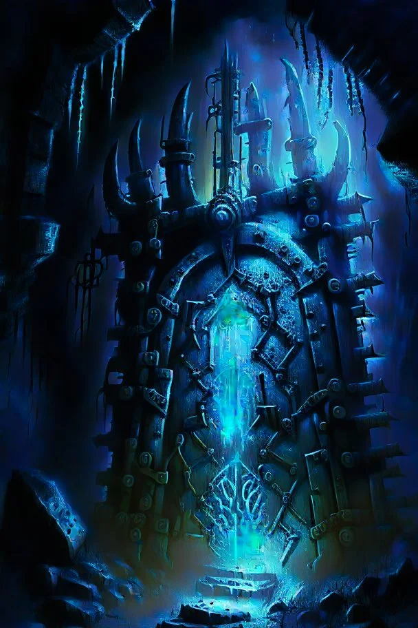 Glowing spiked iron entrance to a scary scifi blue mine at night steampunk rpg painterly art