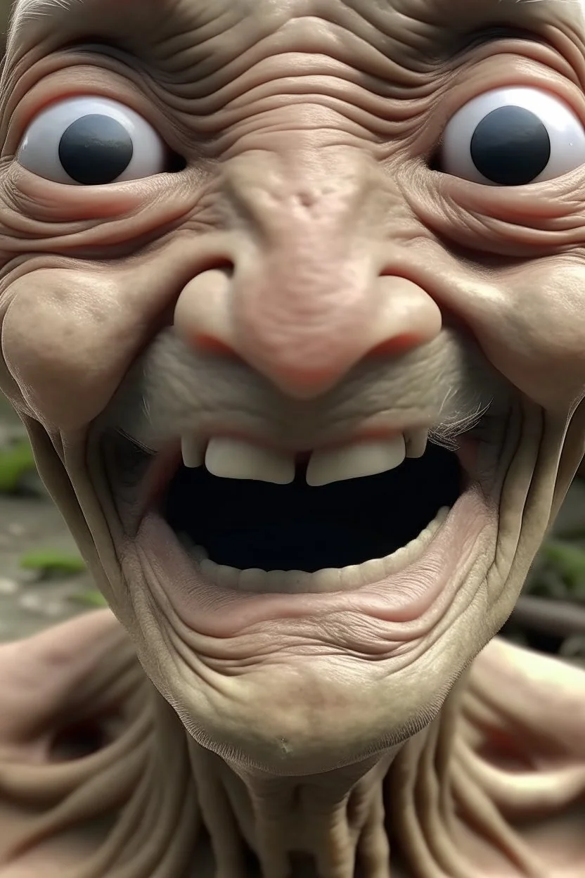 Organic with a biological mad skin texture of an alien face an animal look without nose and big black eyes and without ears