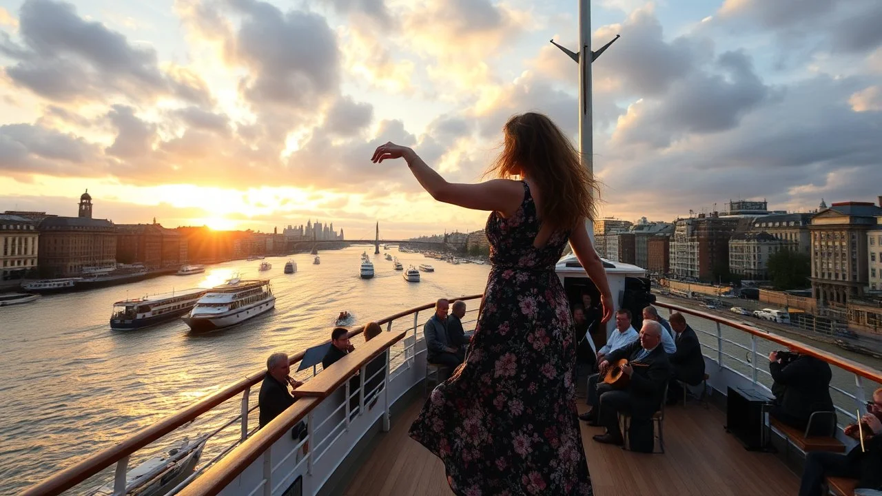 UK oxford street over times river, on wide deck of a big moving ship beautiful lady dancing to camera ,ochestra players sitting around and playing music ,ships in river, cloudy sky,sunset,golden sky