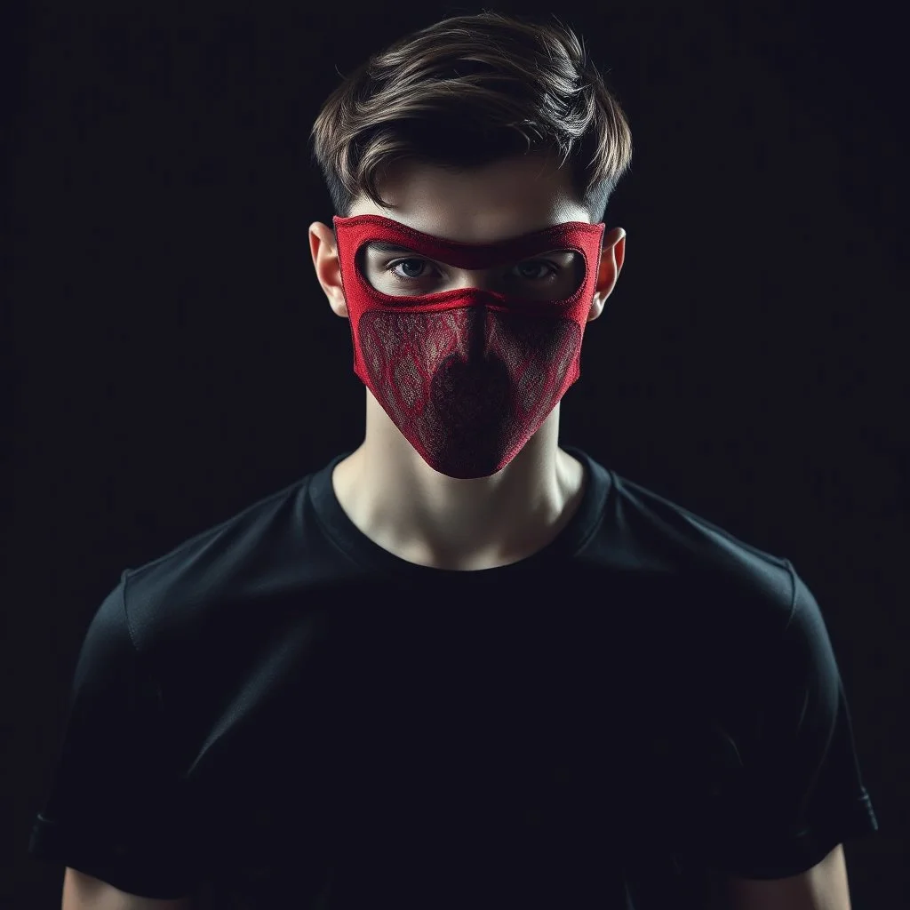 cover album,A male model wears a tshirt black, -fiber material that gives off a cool, metallic sheen. , complementing the minimalist, futuristic aesthetic of him look. Most strikingly, he wears a mask of persian carpet red, featuring elegant, . The mask is crafted from a fabric -like carpet, smooth yet detailed, allowing the model’s facial contours to subtly show through. This interplay between reality and illusion enhances the avant-garde, cyberpunk-inspired design with elements of biomimicry.