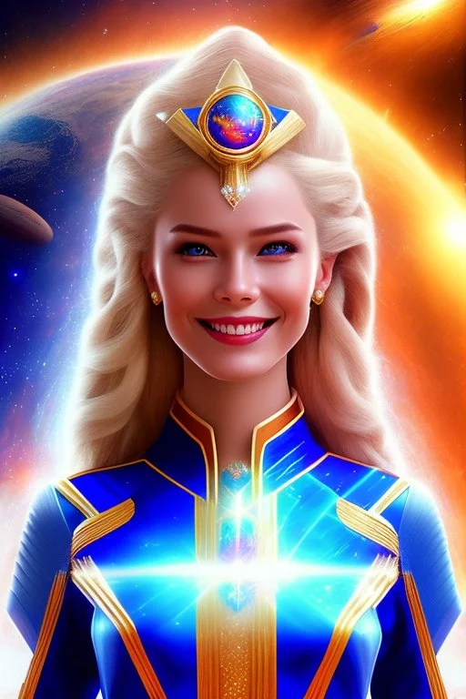 cosmic woman smile, admiral from the future, one fine whole face, crystalline skin, expressive blue eyes,rainbow, smiling lips, very nice smile, costume pleiadian, Beautiful tall woman pleiadian Galactic commander, ship, perfect datailed golden galactic suit, high rank, long blond hair, hand whit five perfect detailed finger, amazing big blue eyes, smilling mouth, high drfinition lips, cosmic happiness, bright colors, blue, pink, gold, jewels, realist, high commander