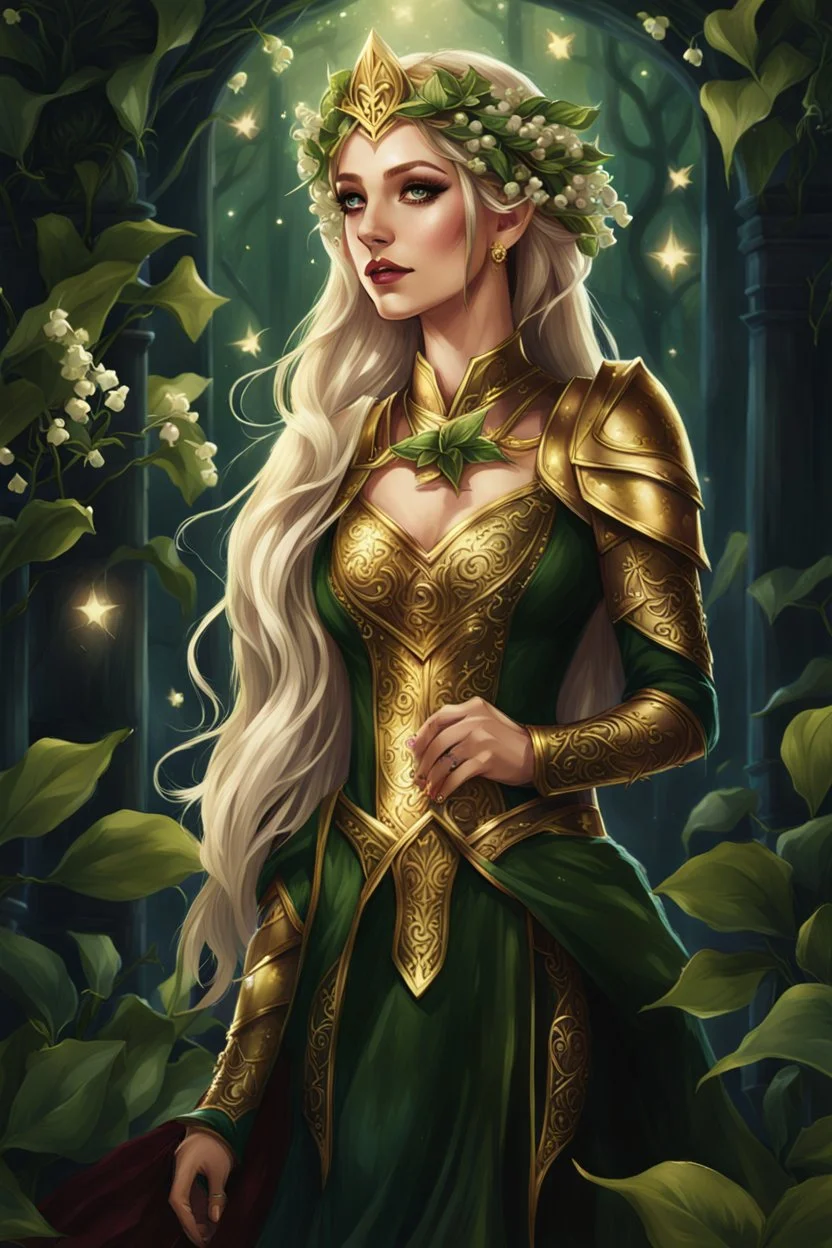 Dark green hair,Rapunzel hair,golden armor,night,sparkle,lily of the valley,ivy,elven warrior,elven ears,burgundy,green,gold,elven crown,extremely long hair