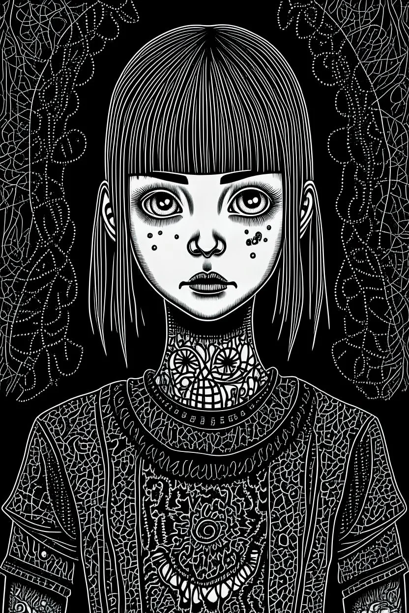 create a full body portrait illustration of a a gothpunk girl with highly detailed , sharply defined feminine facial features, in a chaotic, turbulent, otherworldly London in the style of Junji Ito, precisely drawn, inked, with dramatic edges,