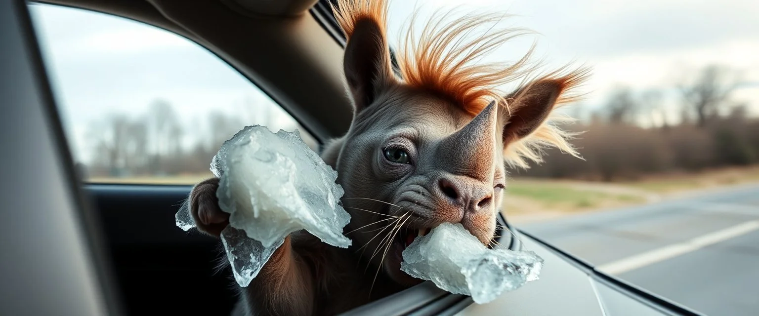 rhino cat eating soft ice while sticking his head out of a speeding car window like a dog , so his hair and fluff gets alot of wind