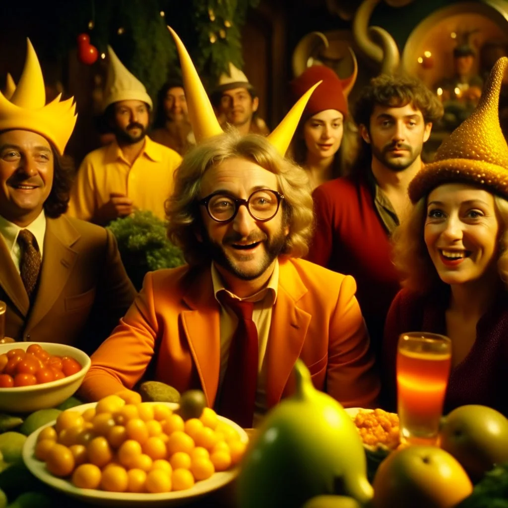 Fantasy movie shot, dreamy, hot, ultra realistic, dine, horns, ultra realistic party, fruits, ail, dynamic, very excited people, hypermaximalist figures, light, 1970's Italian movie, Steven Spielberg, ornate, 4k, photorealism