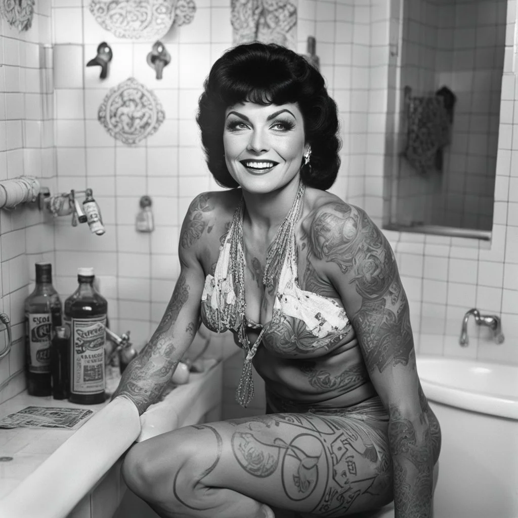 [photo by Russ Meyer] happy Oro wrestler Sherry Martel covered by tattoos for the Sordid Seventies in her bathroom
