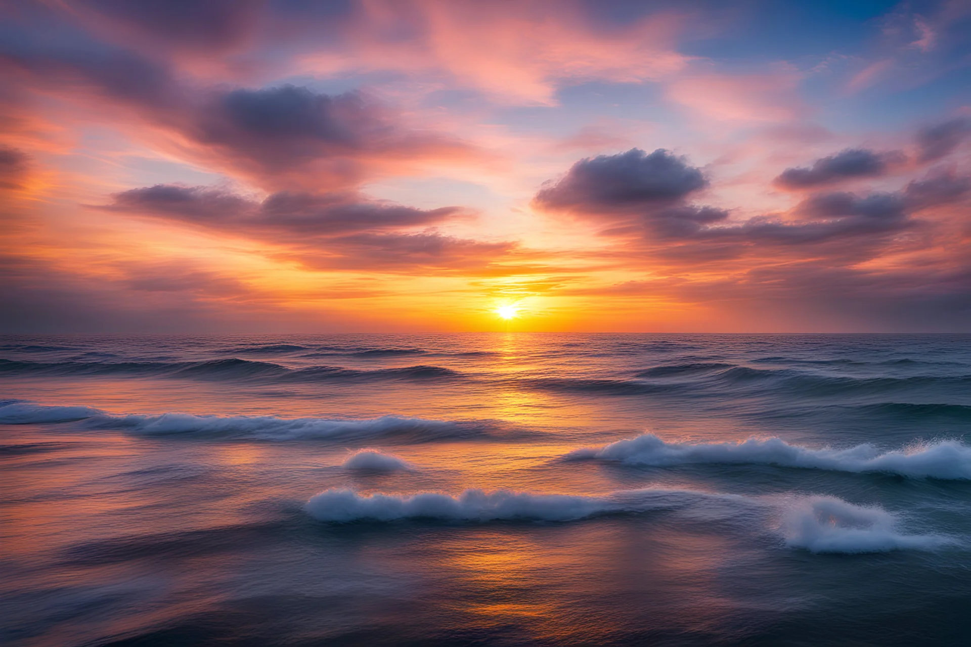 Sunrise at sea with colorful clouds