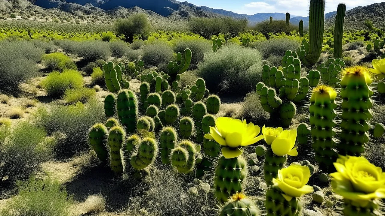 A field of prickly pear cacti with large green pads and yellow flowers, set against a rocky desert landscape