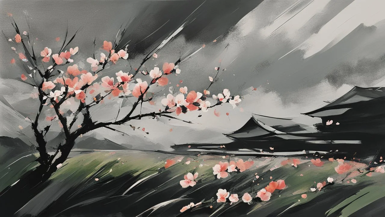 a garden before imminent storm, strong wind, a peach tree blossom petals blown in the wind, minimal acrylic and ink, (tint leaks:1.6), dark grey and green and peach blossom colors, harsh contrasts, windy dynamics