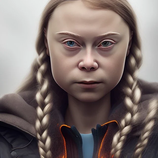 portrait of Greta Thunberg dramatic lighting, volumetric lighting, hyperrealisme, 8k, high quality, lot of details, fit within portrait