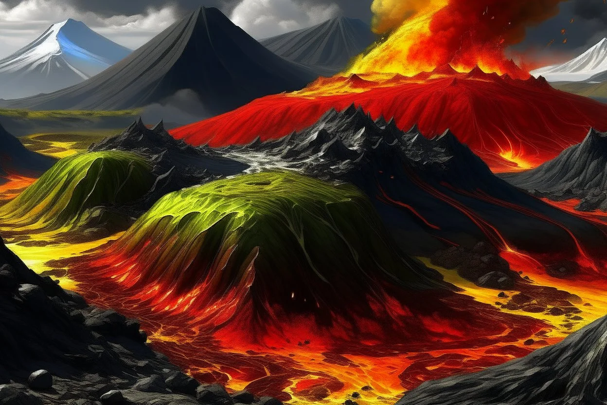 acidic soil with lava and mountains , red white yellow black colors , magic the gathering style, hyper realistic style