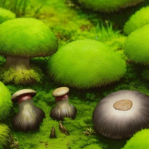 microphotography mushroom growing in a mossy dense lush green woods, high definition, detail, HD, 8k, realistic, 3d rendering, blender, photography, fisheye, bulge, tilt shift blur