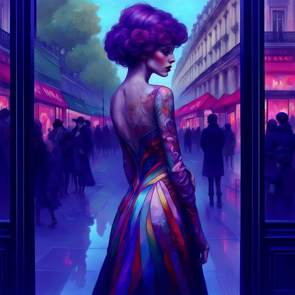 full body painting, woman looking in a shop window on the Champs Elysees and seeing a reflection of herself with colorful makeup, artstartion trending, artstation trending, painting by android jones, mucha klimt and tom bagshaw, karol bak style, great digital illustration, female art, trend on artsatio, patchwork doll, juxtapoz aesthetics, beautiful fantasy portrait, Tom Bagshaw Donato Giancola