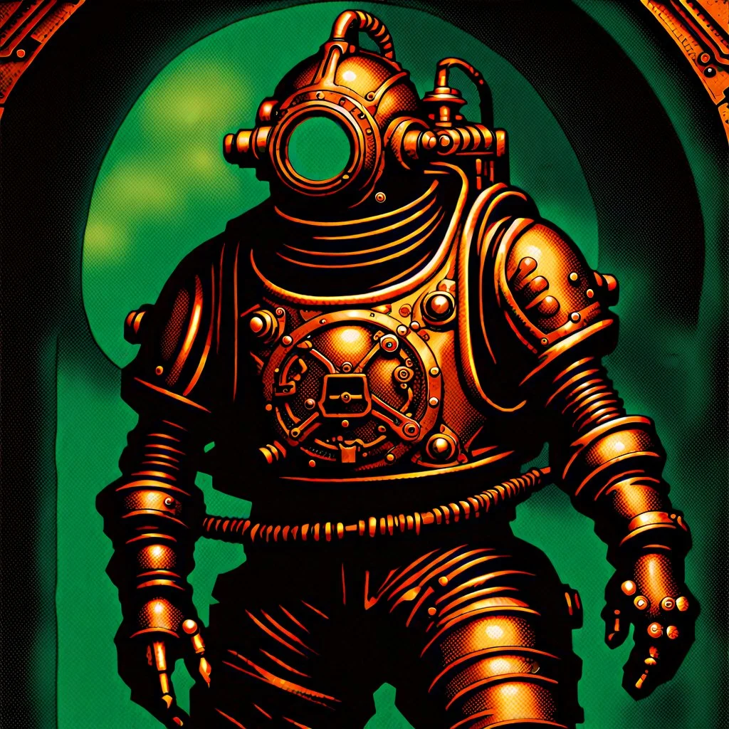 90's TCG art retro scifi art of a steampunk diver with big armor