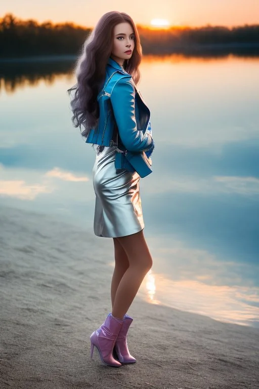 half body shot,realistic portrait of a 20-25 old caucasian model, long blue pink flowing hair, great grey eyes, blue leather jacket,full body, short white skirt,long legs,standing at beach of very nive lake with sunset ,clouds,godrayes